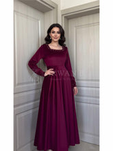 Luxurious Long-Sleeve Velvet Gown with Beaded Neckline and Cuffs