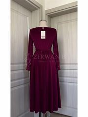 Luxurious Long-Sleeve Velvet Gown with Beaded Neckline and Cuffs