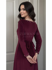 Luxurious Long-Sleeve Velvet Gown with Beaded Neckline and Cuffs