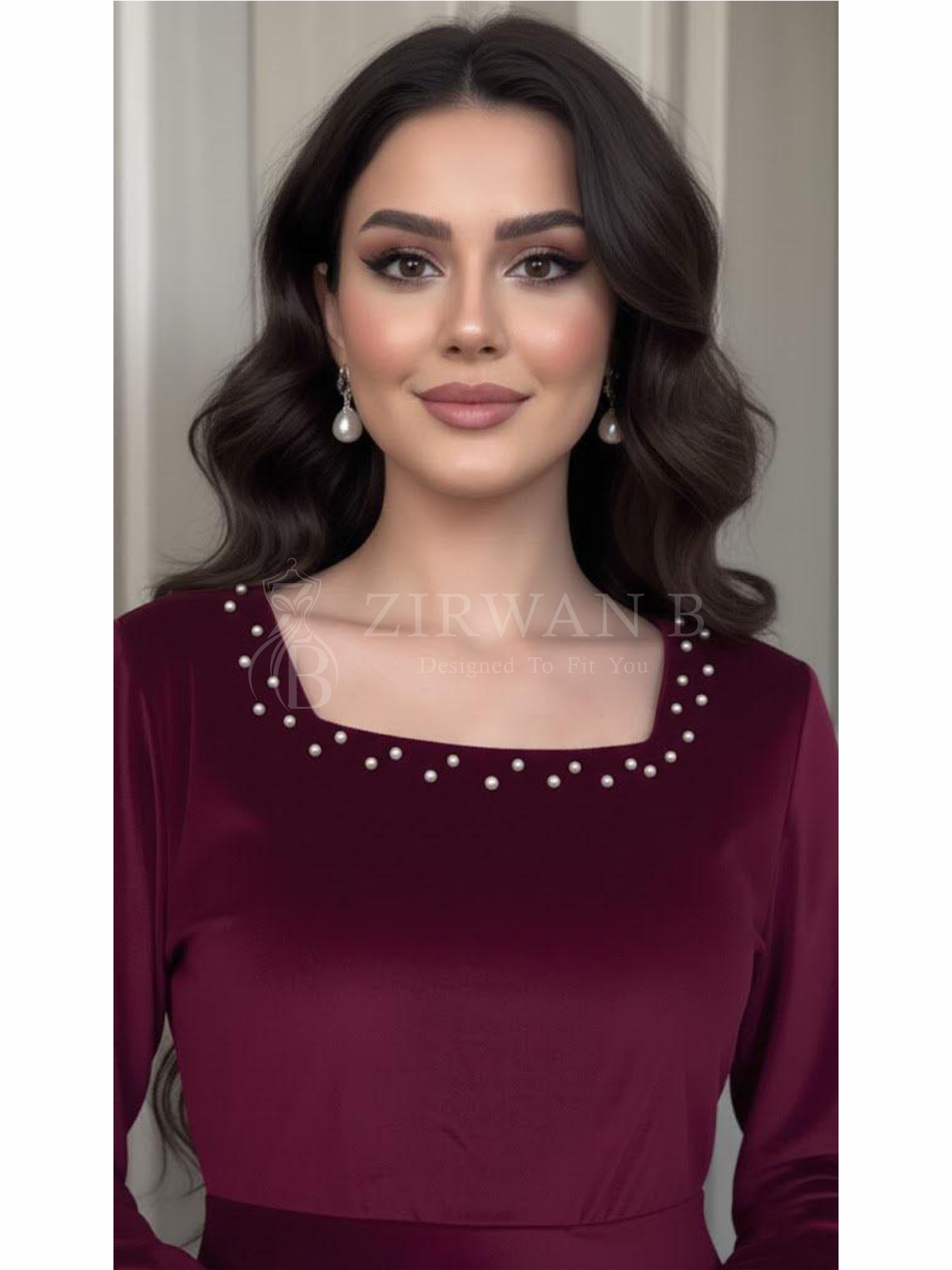 Luxurious Long-Sleeve Velvet Gown with Beaded Neckline and Cuffs