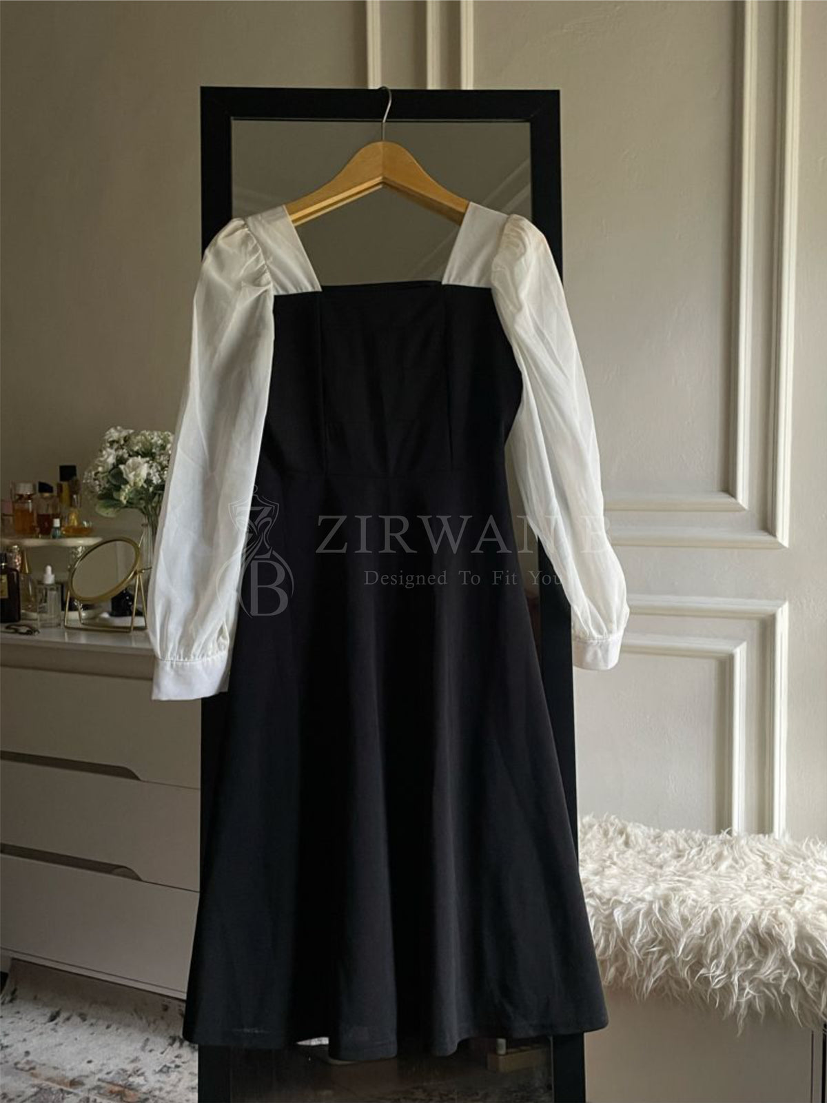 Platted Black Maxi with White Sleeves